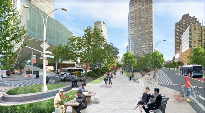 Wow, Broadway on the Upper West Side could be awesome ... if the city would remove the cars. Rendering: WXY/StreetopiaUWS
