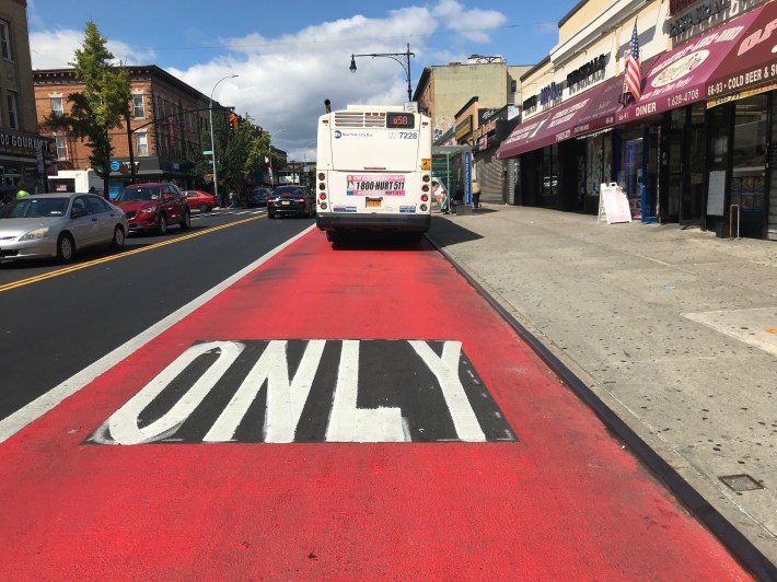 The afternoon bus lane on Fresh Pond Road is working. Photo: Dave Colon