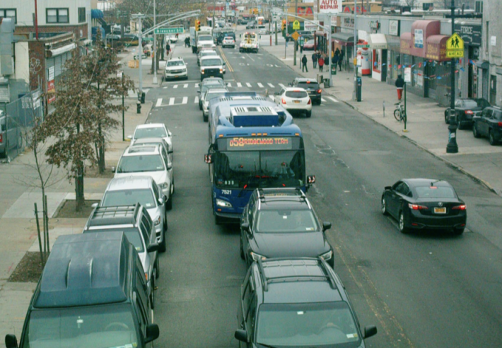 The problems for buses on Fresh Pond Road were obvious from this pre-bus lane picture provided by DOT.