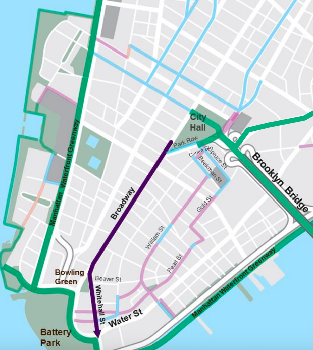 The city wants to add a bike lane along Broadway from City Hall to Bowling Green, shown in purple: Source: DOT