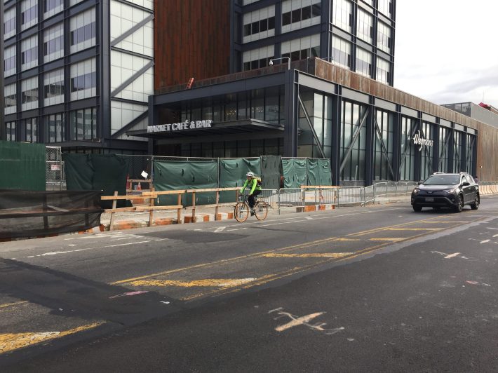This new entrance to the Navy Yard to accommodate Wegman's shoppers who arrive by car will endanger cyclists and pedestrians on Flushing Avenue. Photo: Gersh Kuntzman
