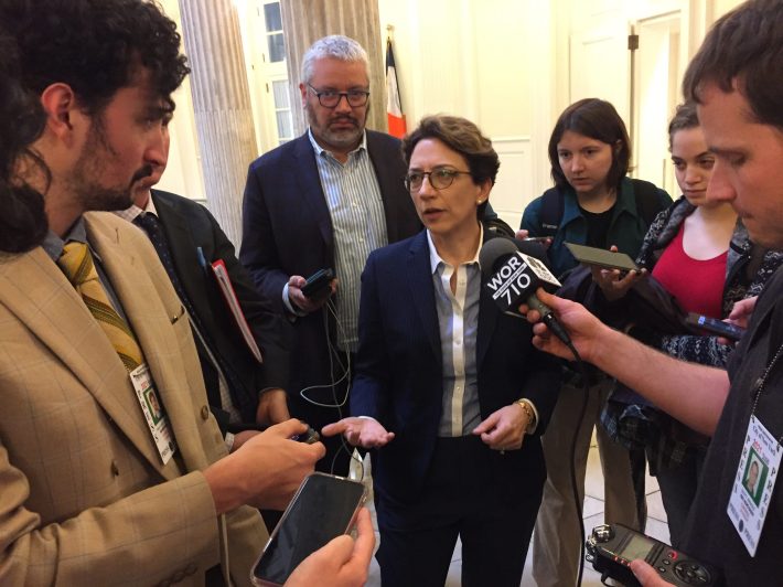 DOT Commissioner Polly Trottenberg being grilled by reporters, including Vin Barone at left. Photo: Gersh Kuntzman