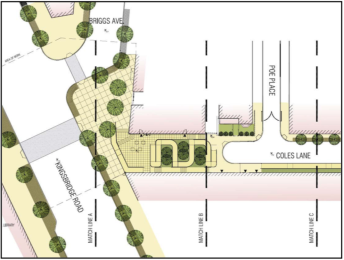 The rendering for "Library Lane" featured a green plaza directly across from the new library.