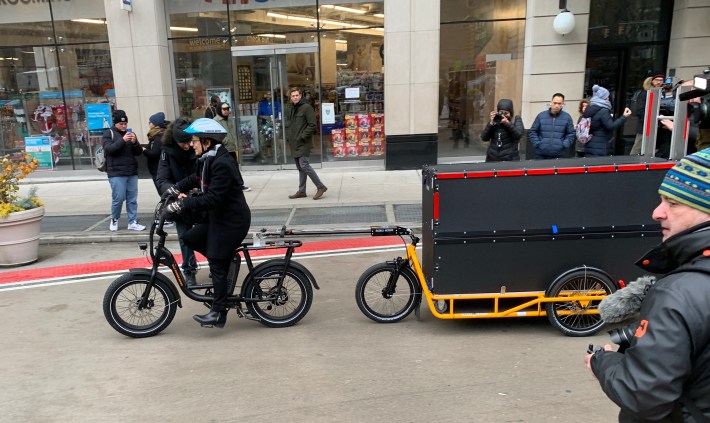 DOT Commissioner Polly Trottenberg tried out a cargo bike. Photo: Gersh Kuntzman