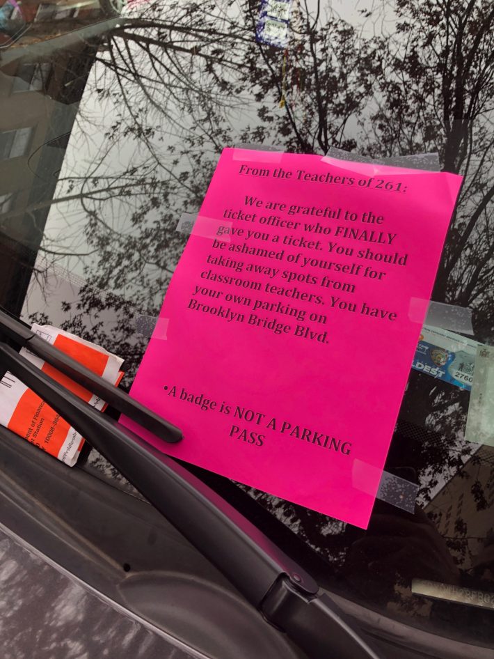 PS 261 teachers don't like when you park in "their" spaces. Even when the offender gets a ticket, the teachers gloat. Photo: Vince DiMiceli