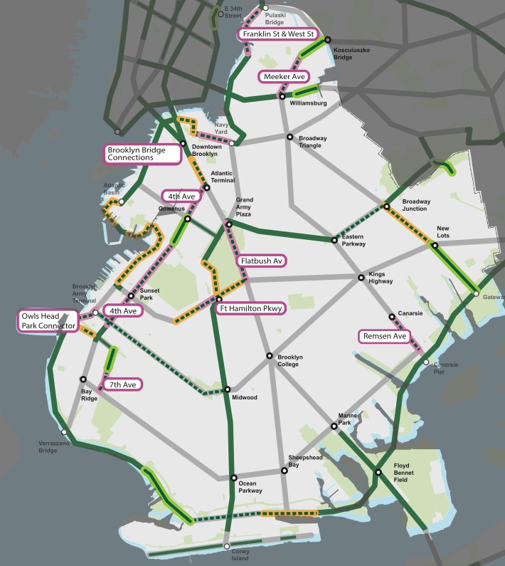 Here's the Brooklyn proposal that DOT will reveal today. The pink lines with green dashes are this year's projects. Yellow lines with green dashes are possible routes to be added next year. Projects completed last year are in two-shaded shapes and previous year projects are in dark green. Photo: DOT
