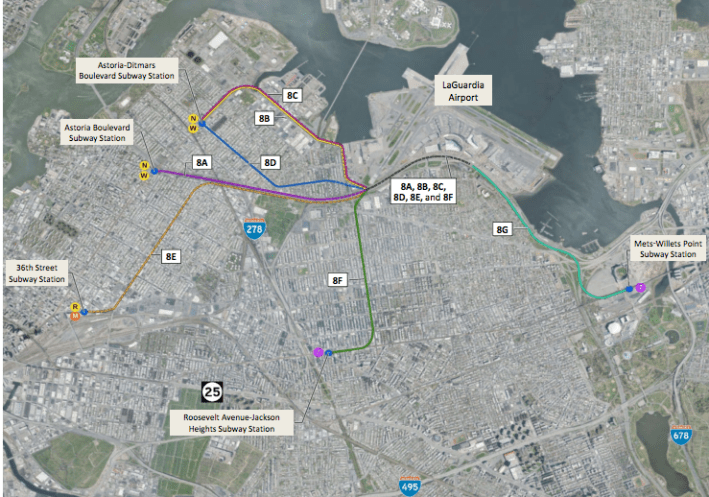 A map shows the possible subway-extension alternatives to the AirTrain that the FAA dismissed. Image: FAA