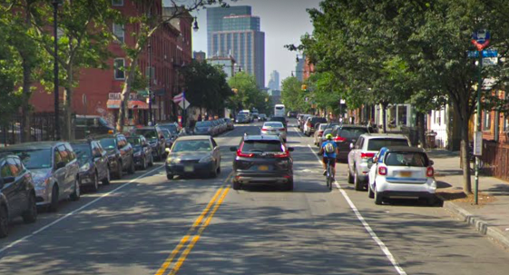 Franklin Street narrows and puts cyclists on a shared route with cars and buses. Photo: Google