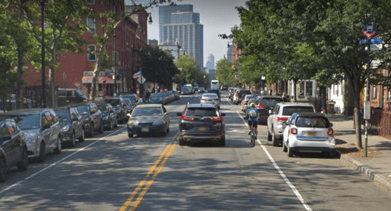 Franklin Street narrows and puts cyclists on a shared route with cars and buses. Photo: Google