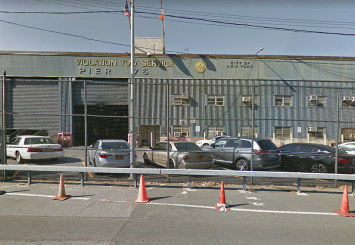 The place to (never) be: The Manhattan tow pound on the Hudson River at W. 38th St. Photo: Google