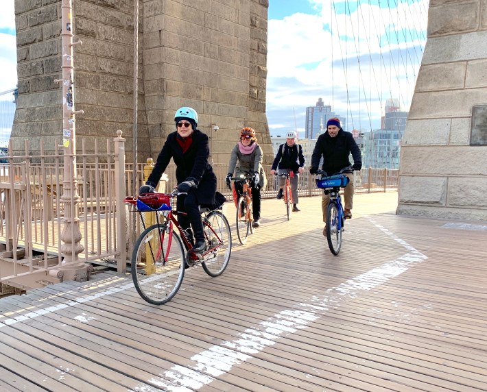 DOT Commissioner Polly Trottenberg biking to work over the Brooklyn Bridge. Photo: Gersh Kuntzman