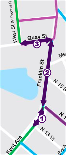 Most Queens-bound cyclists want to stay on Franklin Street north of Quay Street so they can stay on the most-direct route. Map: DOT