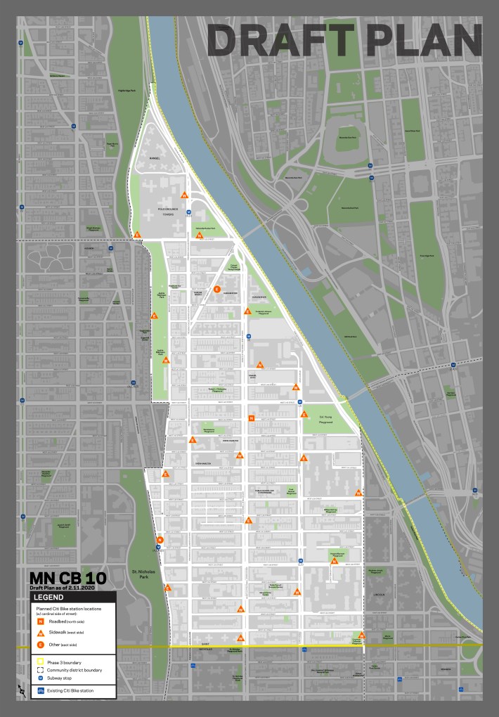 The expansion zone in Manhattan's CB10 includes lots of bikes on the sidewalk (triangles). Photo: DOT