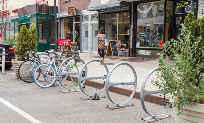 A DOT bike corral,. The city should prioritize building more such facilities, stat! Photo: DOT