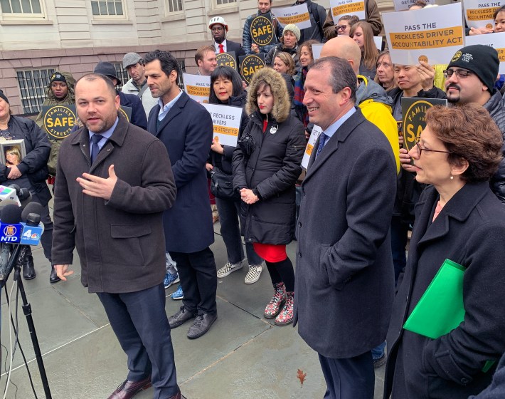 Council Speaker Corey Johnson lauded Council Member Brad Lander (to his left) and DOT Commissioner Polly Trottenberg (far right in photo) for the new "Dangerous Vehicle Abatement Program." Photo: Gersh Kuntzman