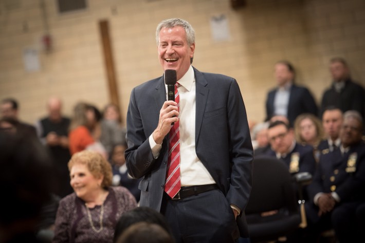 Mayor de Blasio, and Council Member Karen Koslowitz in the background are backtracking on the Queens Boulevard bike lane. Michael Appleton/Mayoral Photography Office