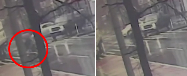 In these still frames from the video, (left) Bertin DeJesus and his mom (circled) are crossing First Avenue. (Photo right) Jaime Sabogal cuts the corner in his black Ford F-250 an instant before striking the boy.