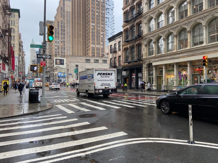 There's no protection for cyclists on Broadway below Bleecker Street. Photo: Lauren Rushing