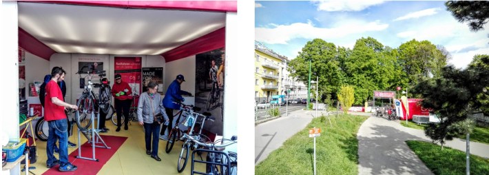 Bicycle service stations on the Wiental Path in Vienna during the 2016 U4 metro closure. Photo: Mobilitätsagentur Wien (Vienna Mobility Agency)
