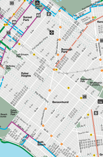 Only lines in green are true protected bike lanes. Blue lines are painted lanes. Purple lines are sharrows. Brown lines are nothing.