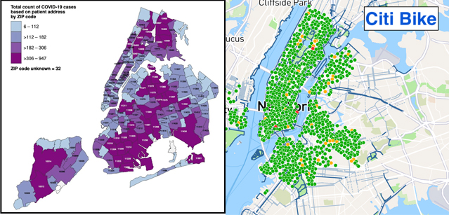 The virus spread more rapidly in areas without alternative forms of transportation, such as Citi Bike.