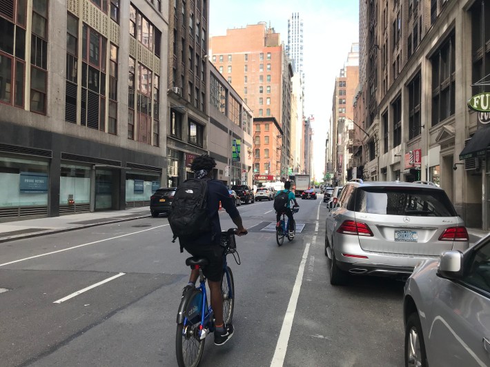 Cyclists on 38th Street between Sixth Avenue and Seventh Avenue. Photo: Dave Colon