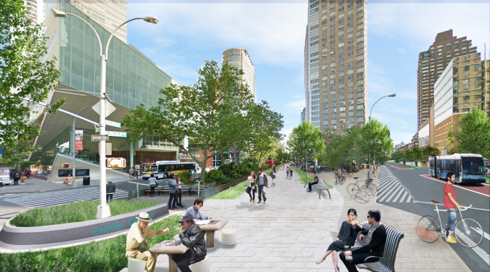 This visioning exercise from Streetopia’s launch shows a complete redesign of Broadway, including pedestrian space within the Broadway Malls, bike lanes and bus-only lanes. Image: Streetopia UWS