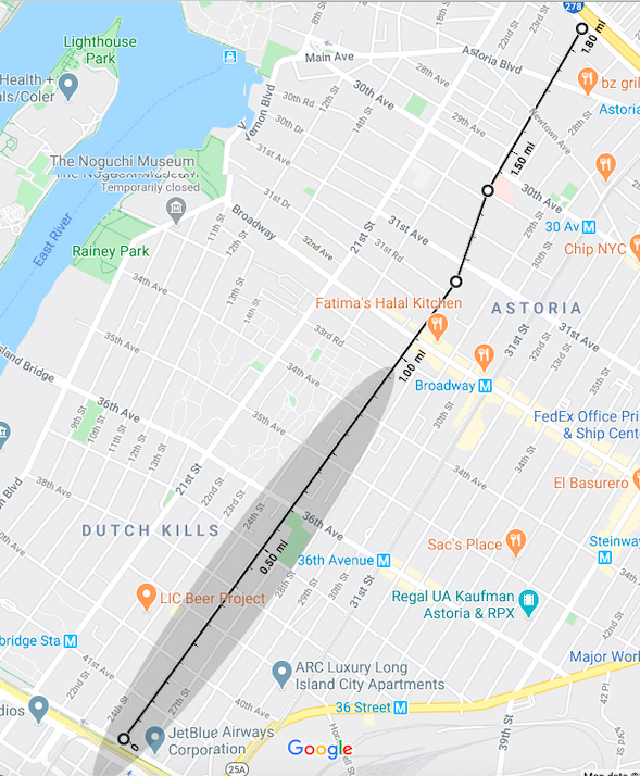 The temporary protected bike lane on Crescent Street (gray area).