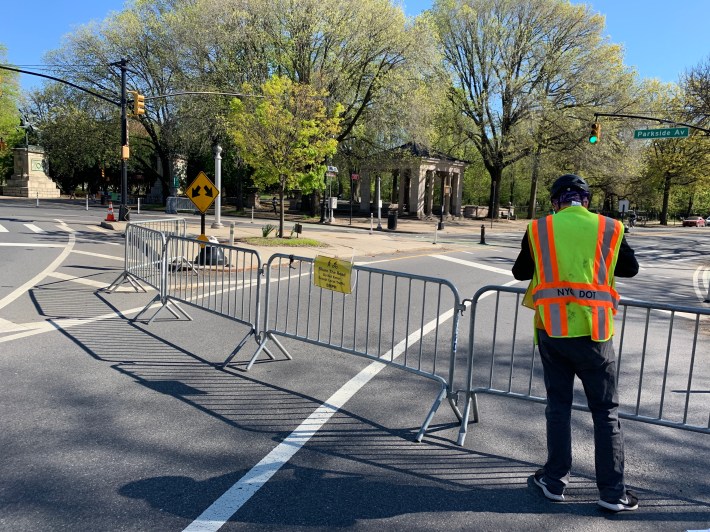 The roadways are secured by a single DOT worker. Photo: Gersh Kuntzman