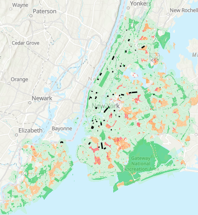 A map of open streets (in black) superimposed on the need for open space — highest need in red.Map: The Trust for Public Land