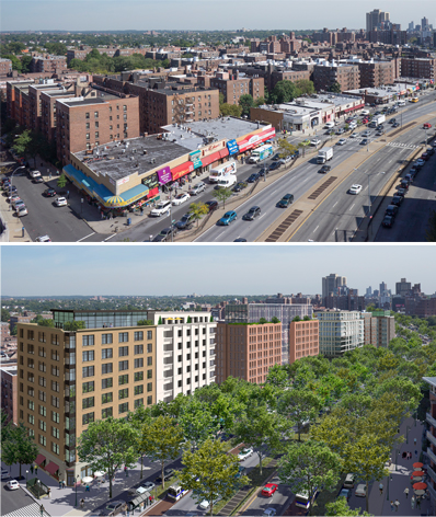 How Queens Boulevard looks now versus how it could look. (Top image: Google; Bottom: Massengale & Co LLC and UrbanAdvantage for Transportation Alternatives