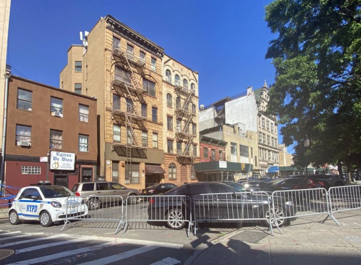 The barricades at the 26th Precinct station house in Harlem. Photo: Lindsey Cormack