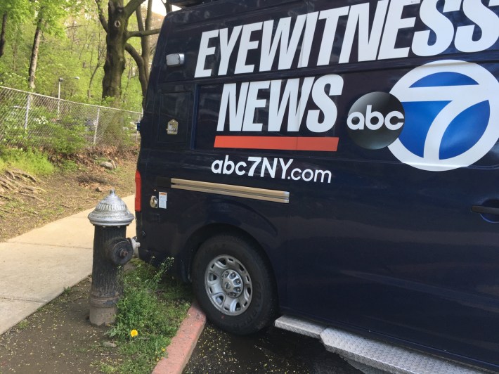 Hope your building doesn't burn, Eyewitness News guy — but I guess you'd be right there to cover it! The truck blocks a hydrant on May 1. Photo: Eve Kessler