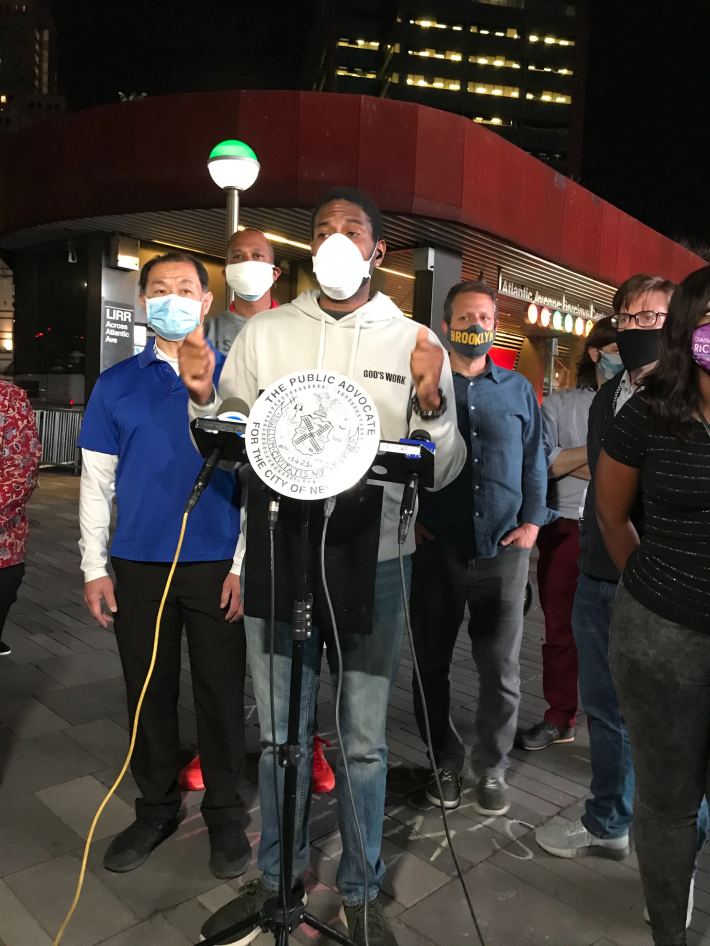 Here's Public Advocate Jumaane Williams, minutes after the curfew started, protesting the curfew by violating it. Photo: Julianne Cuba