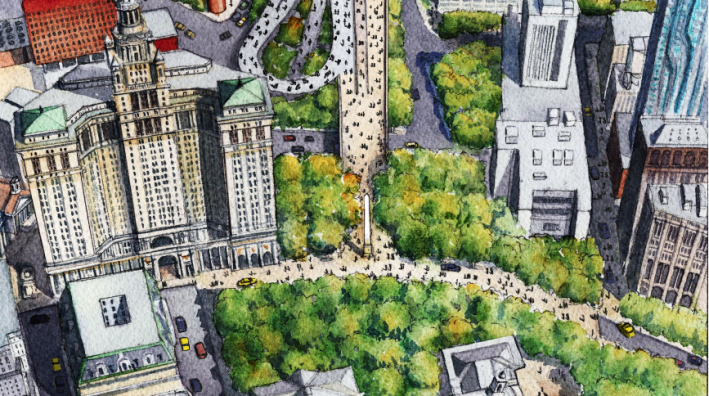 A rendering of what a pedestrianized Financial District could look like. © 2017 Massengale & Co LLC, rendering by Gabriele Stroik Johnson.