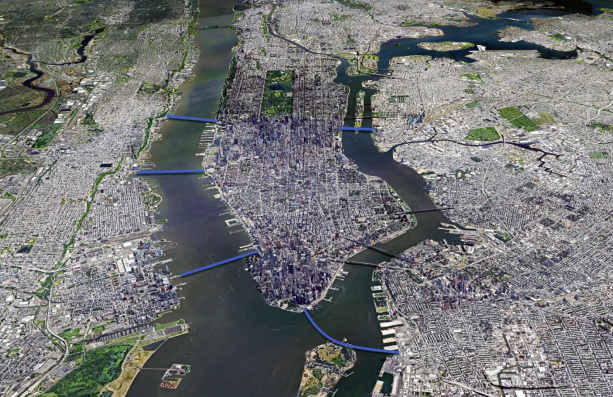 A rendering from Schwartz's presentation shows possible spots for new bridges. Image: Sam Schwartz Engineering
