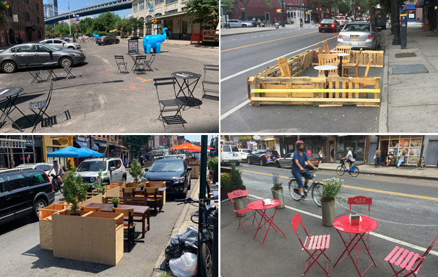 (Clockwise from top left) The DUMBO business improvement district put out cafe tables in the hot sun nowhere near the neighborhood's restaurants; this Park Slope restaurant didn't really invite diners; this one nearby didn't feel very safe; and this one on Smith Street baked in the sun.