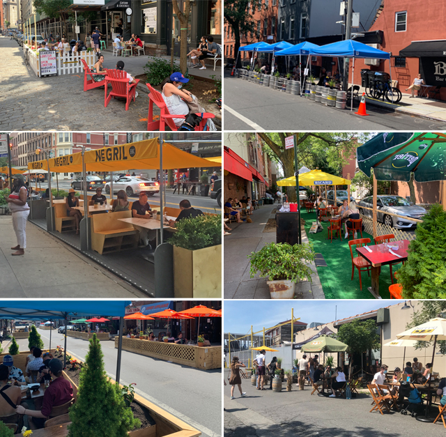 Good cafes include (clockwise from top left) two on Water Street in DUMBO, Bar Great Harry in Carroll Gardens, Bar Tabac in Cobble Hill, Hometown BBQ in Red Hook, two adjacent eateries on Smith Street, and Negril in Park Slope.