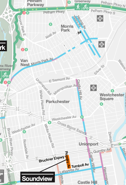 Here's the city's open streets map for a big swath of the northeast Bronx — with our best Photoshop efforts to blot out the now-removed Rhinelander Avenue open street.