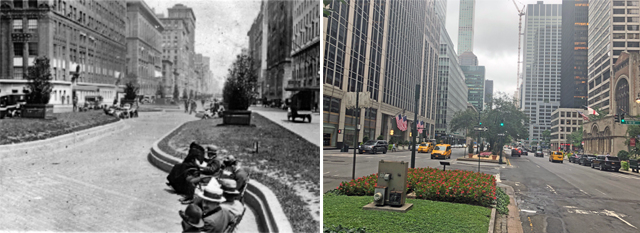 Two views of Park Avenue looking north from 50th Street: A vintage one (left) shows the original park at the center, while a recent one (right) shows the sad rump the median has become after being pared back for cars. Photo (right): Adam Light
