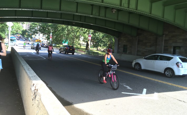 Cyclists entering the traffic circle atop the Riverside park Rotunda from 79th Street. Photo: Eve Kessler