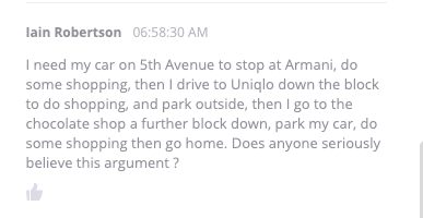 Someone makes light of the city's argument for why it's listening to the wealthy businesses along Fifth Avenue instead of just moving forward to install the busway.