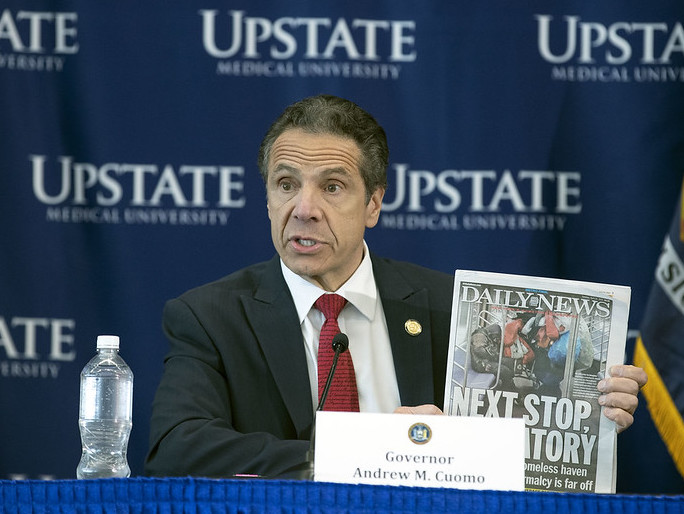 Gov. Cuomo used a Daily News front page about the homeless "problem" as part of his motivation for closing the subways overnight in 2020. Photo: Mike Groll/Governor's Office