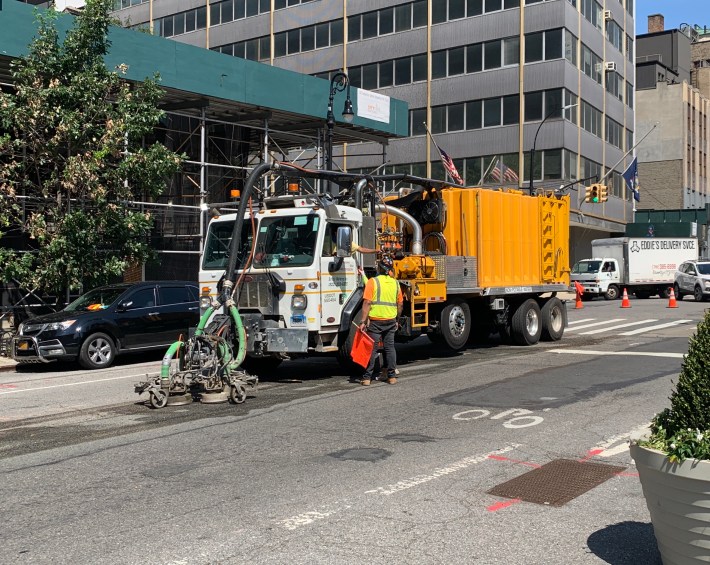 On Wednesday, DOT workers constructed the Jay Street busway, which is set to debut on Aug. 31.