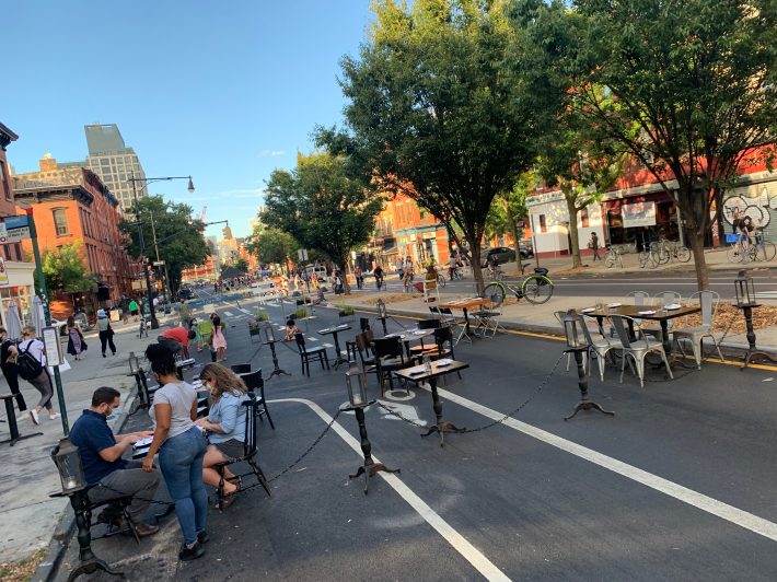 The open dining street on Vanderbilt Avenue is not one that will add weekday hours, but you get the idea. Photo: Gersh Kuntzman