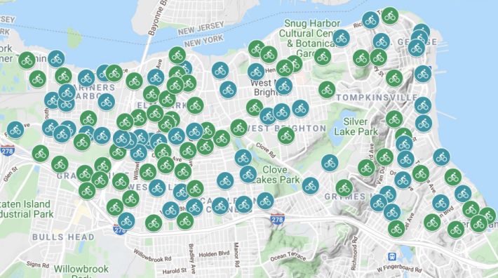 The DOT's draft map of Beryl bays. Green dots are street bays, blue dots are sidewalk bays. Photo: DOT