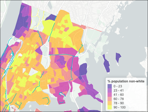 Protected bike infrastructure (greenish blue lines) in the Bronx is limited.