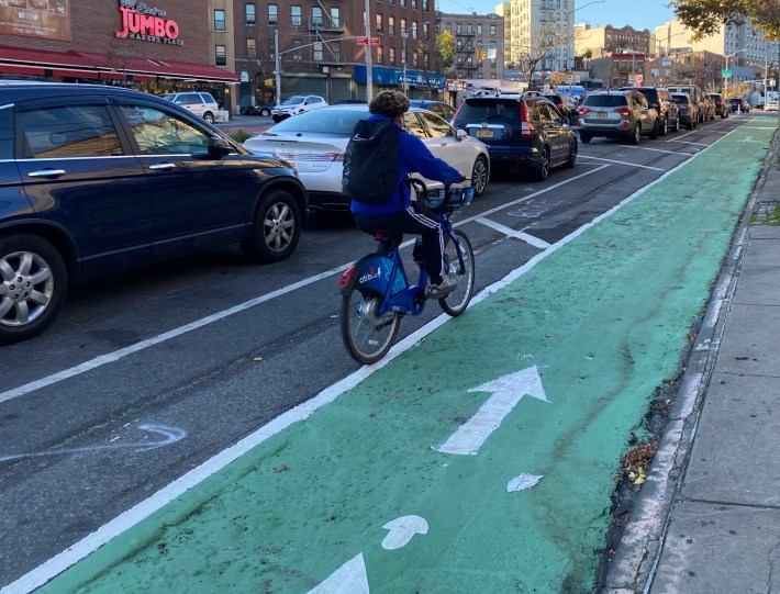 A stretch of protected bike lane that the city built in The Bronx in 2020.