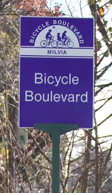 A bike boulevard sign in Berkeley, Calif.