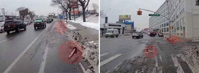 The Sanitation Department workers who left the Northern Boulevard protected bike lane slushy also knocked down most of the Flexiposts that keep cars out of the protected bike lane. Photo: Tellythecairn via Twitter